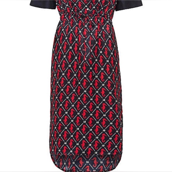 Scotch & Soda Midi Dress Short Sleeves Seahorses Navy Blue Red Waist Tie Size L - Picture 2 of 14